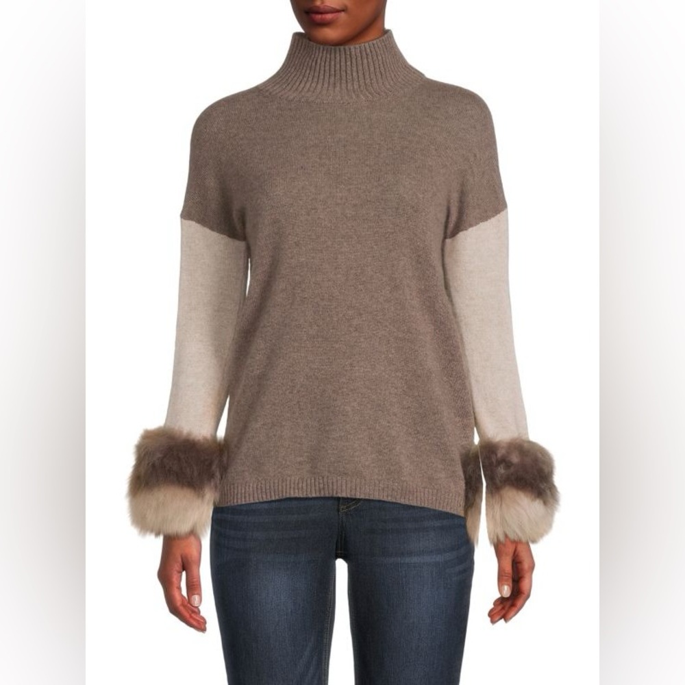 SOFIA CASHMERE 100% Cashmere & Shearling Cuff Sweater with Shearling Lamb Fur